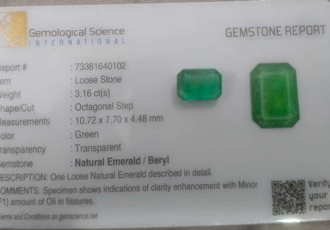 GSI Certified 3.16ct Medium Green Panjshir Emerald Minor Oiled Loose Gemstone