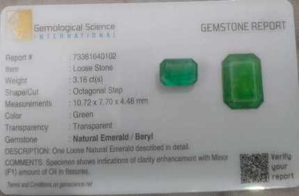 GSI Certified 3.16ct Medium Green Panjshir Emerald Minor Oiled Loose Gemstone