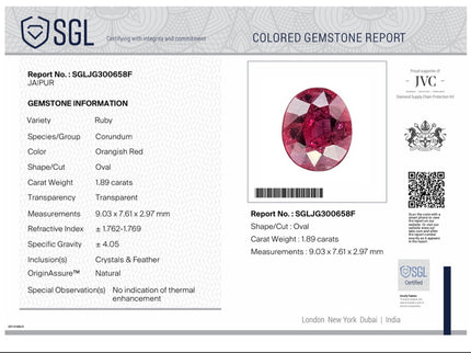 1.89ct Unheated Natural Ruby Crimson Red SGL Certified Oval Loose Gemstone