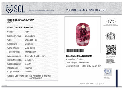 2.96ct Unheated Mozambique Ruby Rasberry Red SGL Certified Cushion Cut Loose Gemstone