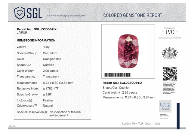 2.96ct Unheated Mozambique Ruby Rasberry Red SGL Certified Cushion Cut Loose Gemstone