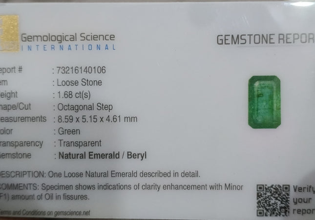 GSI Certified 1.68ct Deep Golden Green Natural Panjshir Emerald Minor Oiled Loose Gemstone