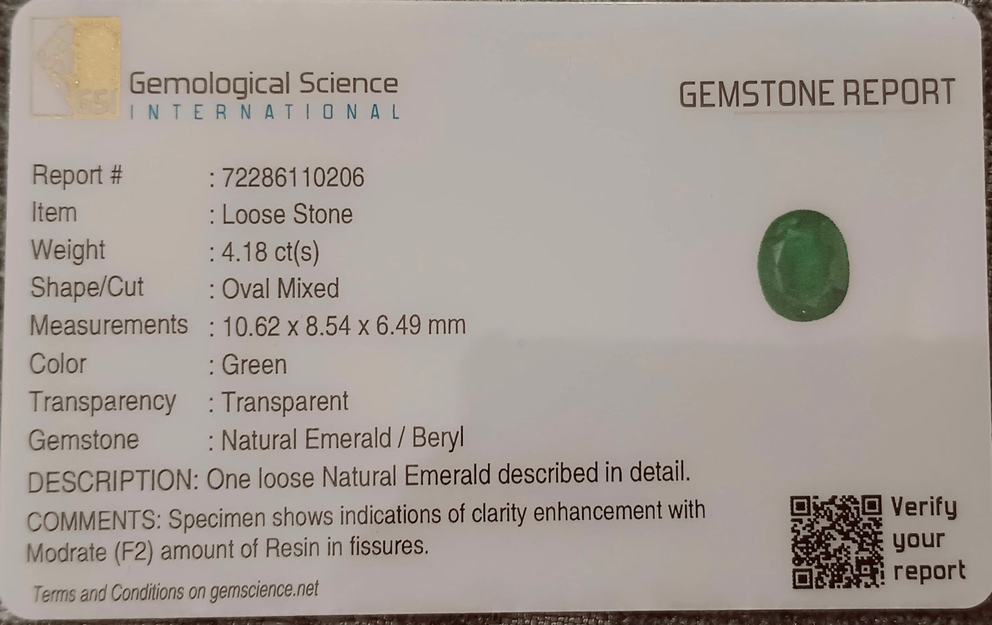 GSI Certified 4.18ct Deep  Green Swat Emerald, 100% Natural Gemstone