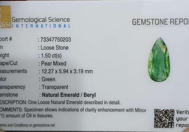 GSI Certified 1.50ct Medium Deep Green Zambian Emerald Minor Oiled Loose Gemstone