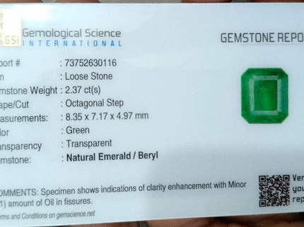 2.37ct Zambian Emerald, Certified Natural Medium Green Octagon Cut Gemstone