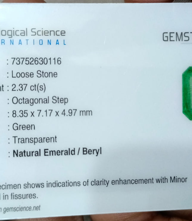 2.37ct Zambian Emerald, Certified Natural Medium Green Octagon Cut Gemstone