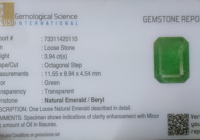 3.94ct GSI USA Certified Medium Green Zambian Emerald Minor Oiled Loose Gemstone