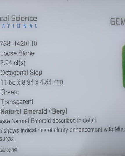 3.94ct GSI USA Certified Medium Green Zambian Emerald Minor Oiled Loose Gemstone