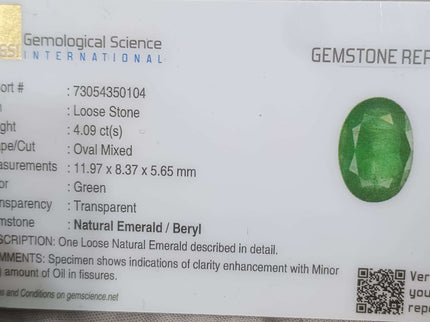 Zambian Emerald 4.09ct  Natural Certified Oval Cut Medium Green Loose Stone