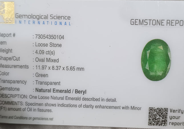 GSI Certified 4.09ct Medium Green Natural Zambian Emerald Minor Oiled Loose Gemstone