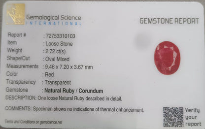 2.72ct African Ruby Certified By GSI, Natural Untreated Gemstone