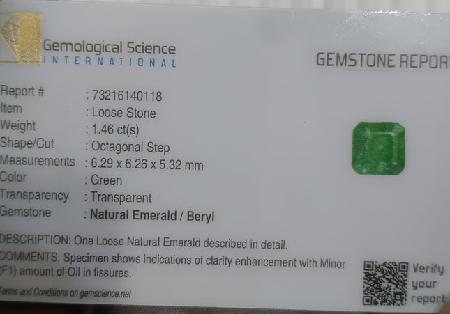 1.46ct GSI Certified Vivid Green Zambian Emerald Minor Oiled Loose Gemstone