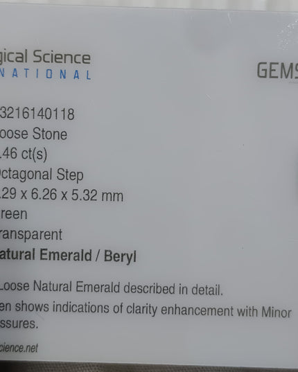 1.46ct GSI Certified Vivid Green Zambian Emerald Minor Oiled Loose Gemstone