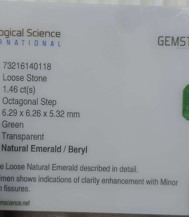 1.46ct Certified Zambian Natural Emerald Stone