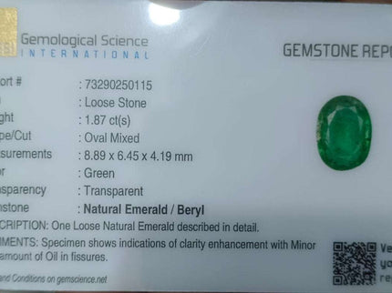 1.87ct Certified Natural Zambian Emerald.