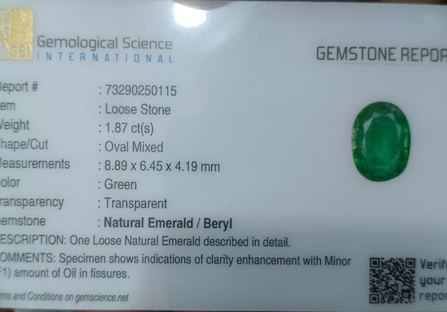 1.87ct GSI USA Certified Medium Deep Green Zambian Emerald Minor Oiled Loose Gemstone