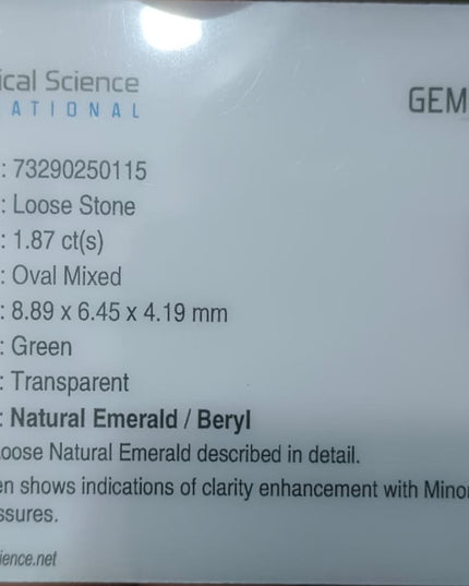 1.87ct GSI USA Certified Medium Deep Green Zambian Emerald Minor Oiled Loose Gemstone