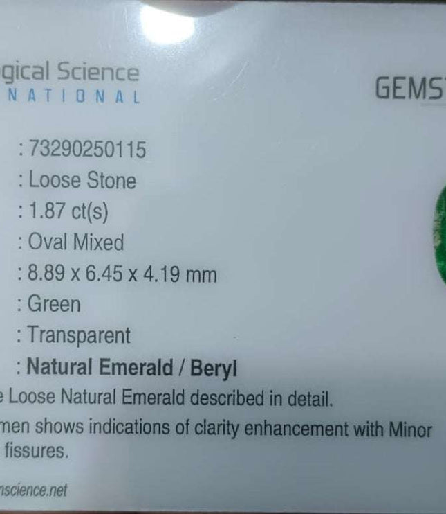 1.87ct Certified Natural Zambian Emerald.