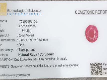 GSI Certified 1.34ct Mozambique Ruby, Natural Untreated Ruby