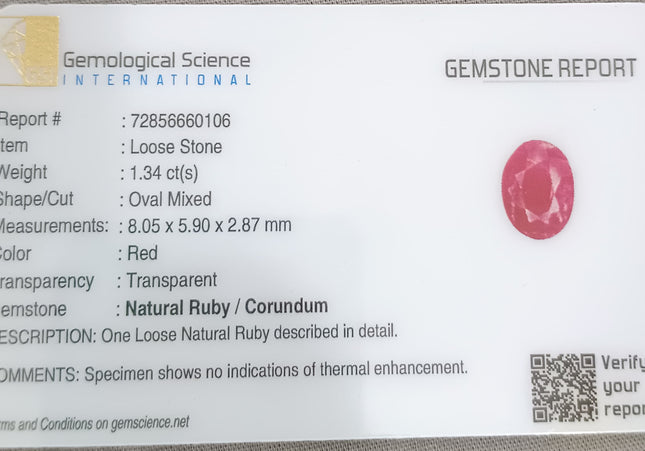 GSI Certified 1.34ct Mozambique Ruby, Natural Untreated Ruby