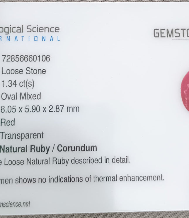 GSI Certified 1.34ct Mozambique Ruby, Natural Untreated Ruby