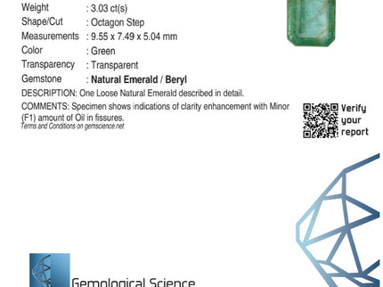 3.03ct Zambian Emerald, Certified Medium Green Octagon Cut Loose Gemstone