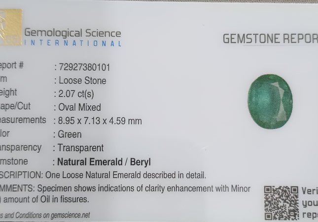 GSI Certified 2.07ct Zambian Emerald, Natural Loose Gemstone