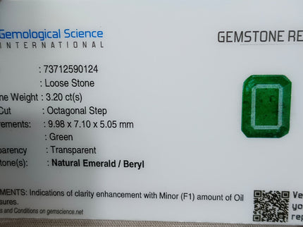 Zambian Emerald 3.20ct Certified Natural Deep Green Octagon Cut Loose Gemstone