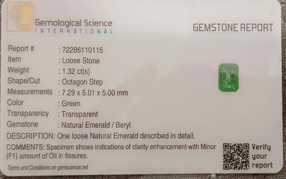 GSI Certified 1.32ct Vivid Green Colombian Emerald , 100% Natural Earth Mined Gemstone