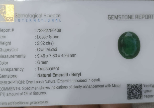 2.32ct GSI USA Certified Deep Green Zambian Emerald Minor Oiled Loose Gemstone