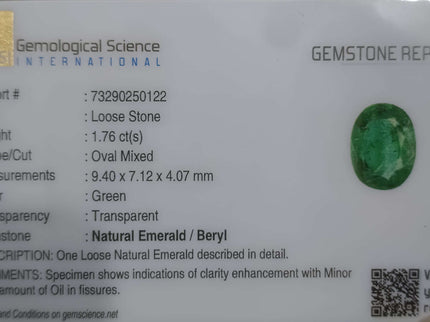 1.76ct Natural Emerald GSI Certified Deep Green Zambian Oval Cut Stone