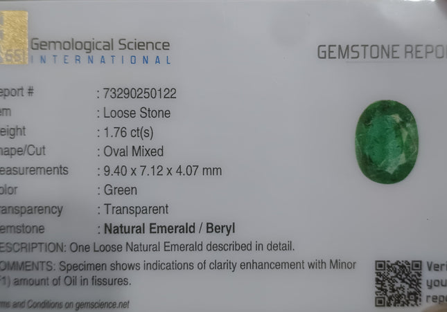 GSI USA Certified 1.76ct Deep Green Zambian Emerald Minor Oiled Loose Gemstone