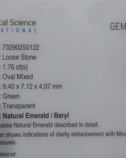 GSI USA Certified 1.76ct Deep Green Zambian Emerald Minor Oiled Loose Gemstone