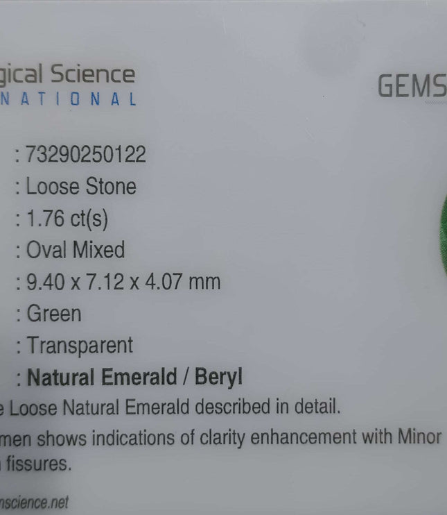1.76ct Certified Natural Zambian Emerald Stone
