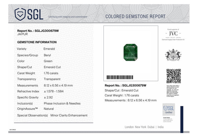 1.76ct Natural Emerald Zambia SGL Certified Medium Deep Green Octagon Cut Loose Gemstone