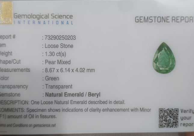 1.30ct GSI USA Certified Excellent luster Natural Zambian Emerald Minor Oiled Loose Gemstone
