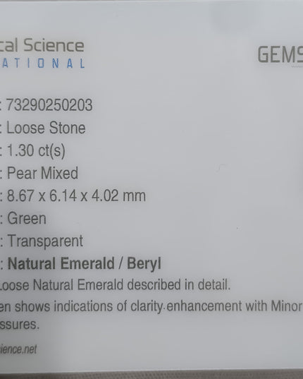 1.30ct GSI USA Certified Excellent luster Natural Zambian Emerald Minor Oiled Loose Gemstone