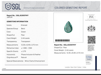 2.44ct Zambian Emerald Natural Medium Green Pear Cut SGL Certified Gemstone