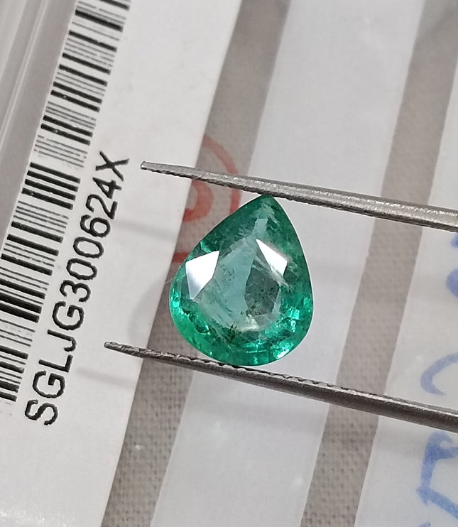 1.72ct Natural Emerald Zambia SGL Certified Medium Green Pear Cut Loose Gemstone