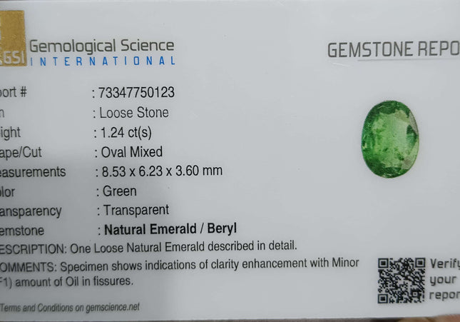 GSI Certified 1.24ct Vivid Green Oval Cut Zambian Emerald Minor Oiled Loose Gemstone