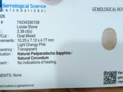 3.38ct Unheated Padparadscha Sapphire Natural GSI Certified Oval Orangy Pink Gemstone