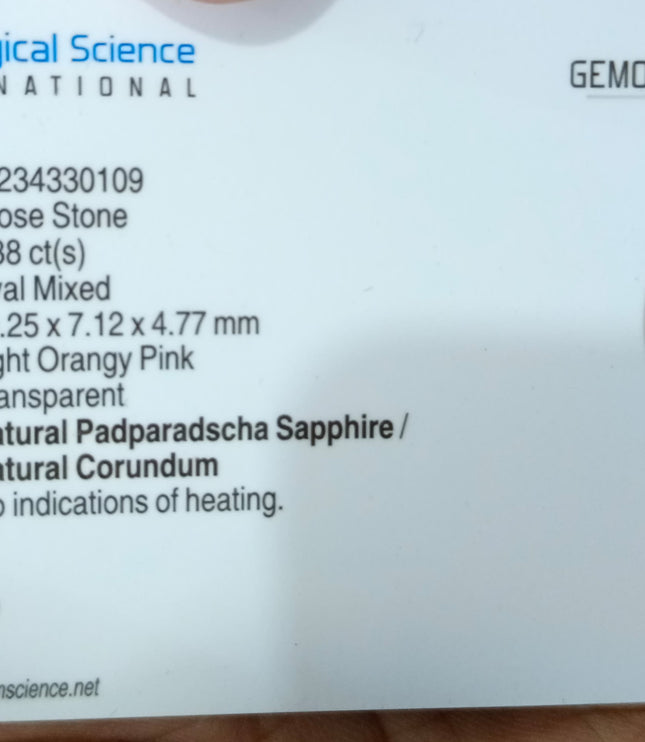 3.38ct Unheated Padparadscha Sapphire Natural GSI Certified Oval Orangy Pink Gemstone