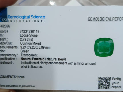 2.79ct Emerald Natural Spring Green GSI Certified Cushion Cut Loose Gemstone