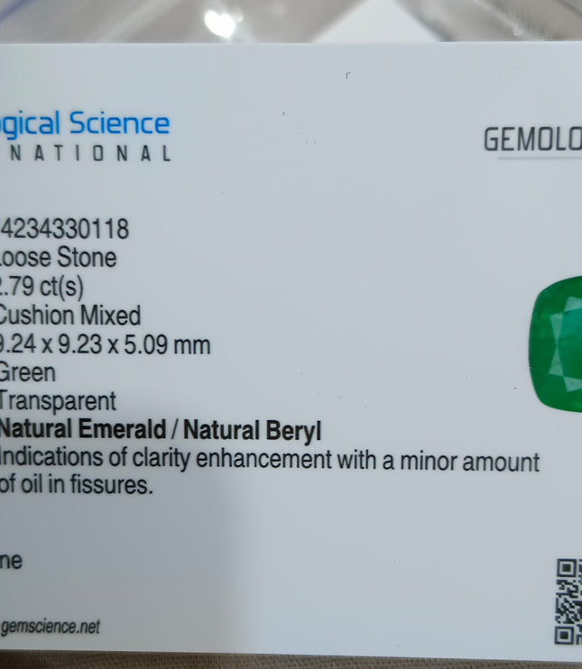 2.79ct Emerald Natural Spring Green GSI Certified Cushion Cut Loose Gemstone