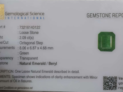 Certified 2.09ct Zambian Natural Emerald.