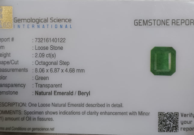 2.09ct Deep Velvet Green Zambian Emerald Minor Oiled Loose Gemstone