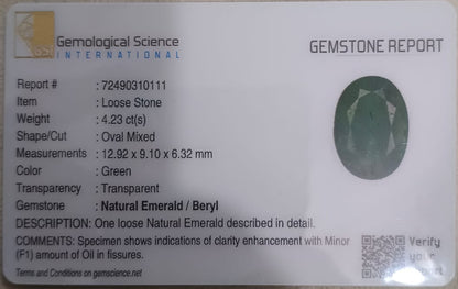 GSI Certified 4.23ct Pakistan Emerald, 100% Natural Earth Mined Gemstone