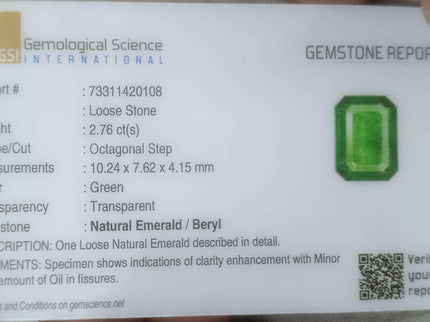 Zambian Emerald 2.76ct Certified Natural Medium Green Octagon Cut Loose Gemstone