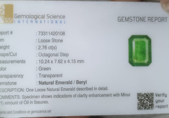 2.76ct GSI Certified Medium Green Zambian Emerald Minor Oiled Loose Gemstone