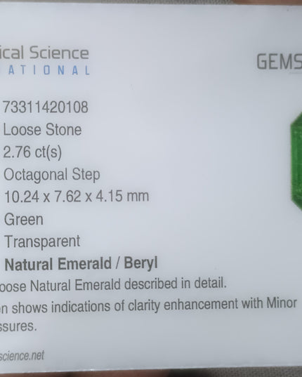 2.76ct GSI Certified Medium Green Zambian Emerald Minor Oiled Loose Gemstone